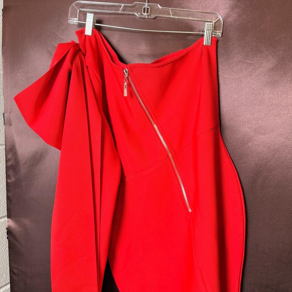 UONBOX Women's XL Red One Shoulder Long Sleeve Bowknot Bodycon Bandage Dress - Picture 5 of 7